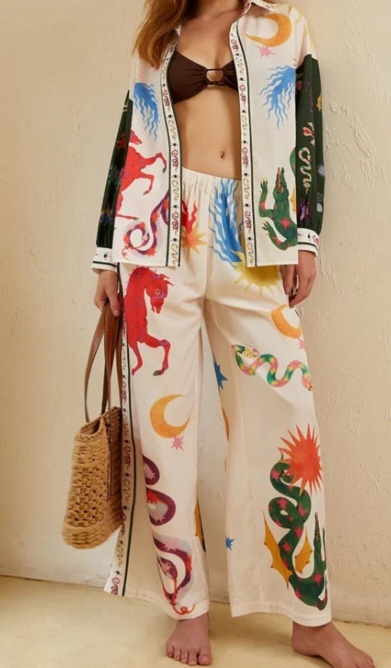 039 NWT Commense Boho Print Loose Shirt With Wide Leg Pants Set | Multi | XS